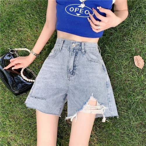 Real shot of ripped wide-leg denim shorts for women 2024 summer new slim high-waisted large size loose A-line hot pants