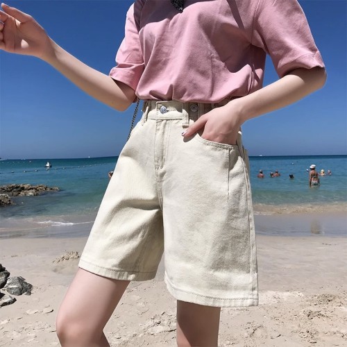 Real shot of high-waisted denim shorts for women, five-point summer loose wide-legged Korean style plus size fat mm slimming A-line hot pants