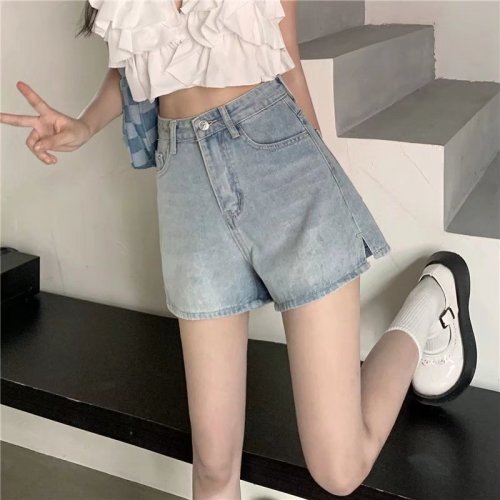 Real shot of summer thin high-waisted denim shorts for women plus size hotties with slits, loose wide legs, A-line hot pants WF06