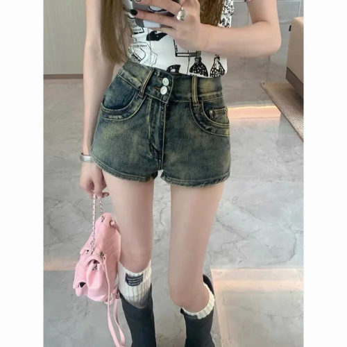 Distressed retro denim shorts women's summer thin high-waisted slim design niche American hottie a-line hot pants