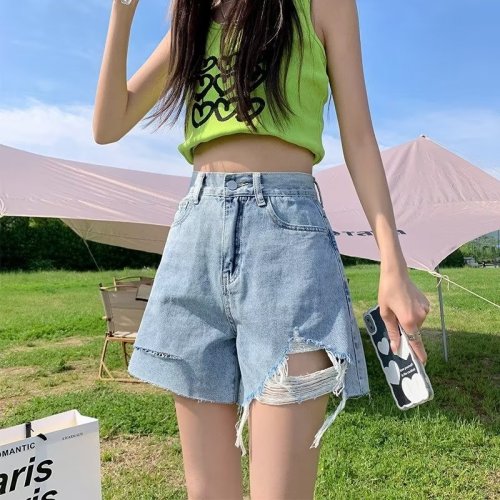 Real shot 2024 summer ripped denim shorts for women high waist loose wide legs ins large size A line hot pants trendy W8981