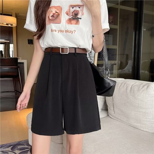 Real shot of suit A-line shorts summer thin wide-leg workwear five-point pants large size fat mm high-waisted loose medium pants