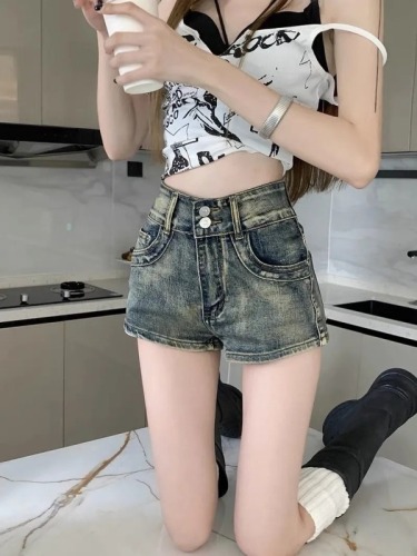 Distressed retro denim shorts women's summer thin high-waisted slim design niche American hottie a-line hot pants