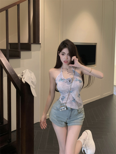 Real shot of hot girl with flower mesh halterneck pure desire butterfly flower slim suspender for women