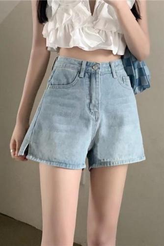 Real shot of summer thin high-waisted denim shorts for women plus size hotties with slits, loose wide legs, A-line hot pants WF06