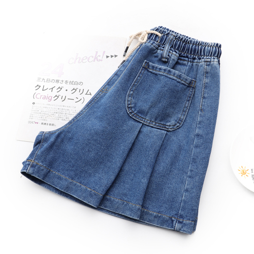 Plus size fashionable five-quarter pants for women with fat mm elastic waist drawstring double pockets pleated A-line blue denim wide-leg shorts