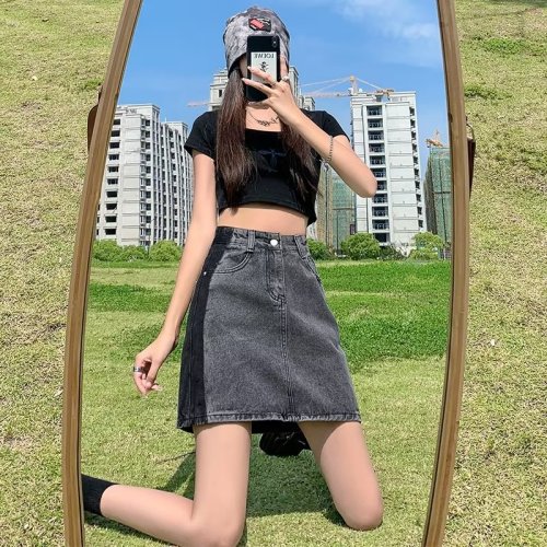 Real shot of large size fat mm smoky gray high-waisted denim short skirt for women in summer retro sweet hot girl slimming A-line skirt WF36