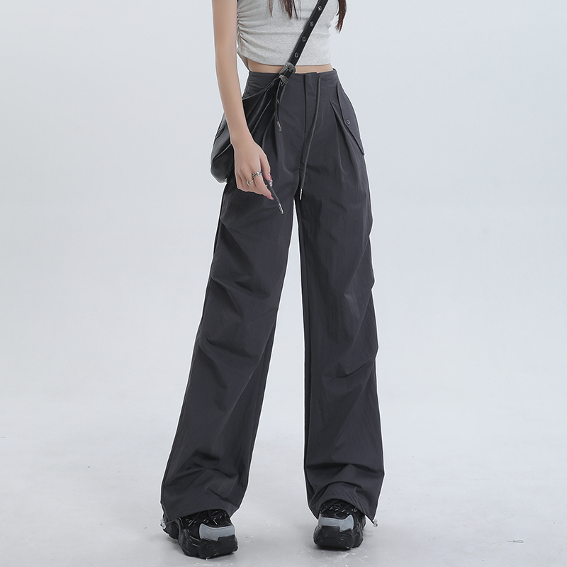 2024新款小個子工裝褲女夏美式闊腿褲寬鬆雅痞感拖地灰色運動長褲