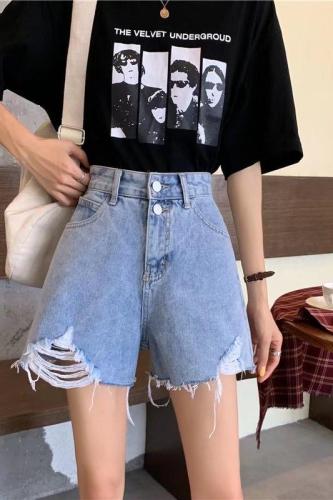 Real shot of high-waisted denim shorts for women, new thin style, large size, slim, loose, A-line wide-leg hot pants, trendy ins