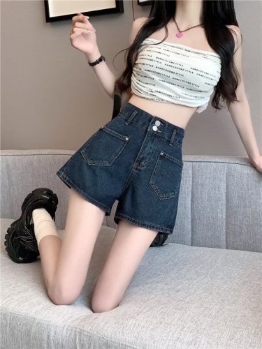 Real shot of high-waist slim denim shorts plus size spring and summer 2024 new wide-leg straight pants for small people WF92