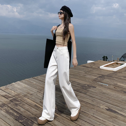 Real shot of white straight jeans for women 2024 new high-waisted, loose, slimming, drapey wide-leg pants for small people