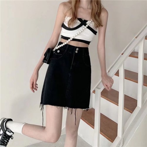 Real shot of new summer high-waisted denim short skirt for hot girls, large size A-line skirt, anti-exposure skirt WF08