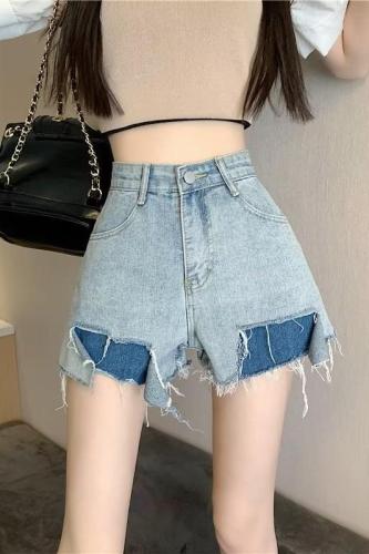 Real shot of large size denim shorts for women summer new high waist slimming wide leg a line hot pants trendy ins summer WF88