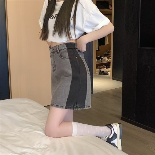 Real shot design niche gradient denim short skirt women's summer high-waisted versatile hip-covering A-line skirt