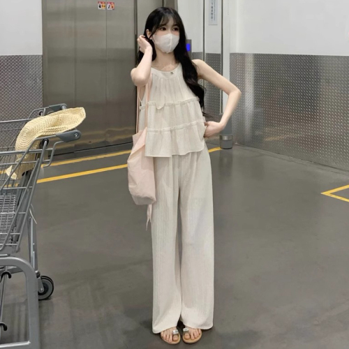 Original workmanship 2024 summer Korean style round neck sleeveless top high waist loose casual straight pants two-piece set for women