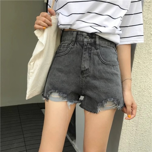 Real shot of high-waisted denim shorts for women in summer, Korean style, versatile, large size, fat mm, loose, wide-legged, ripped, a-line hot pants