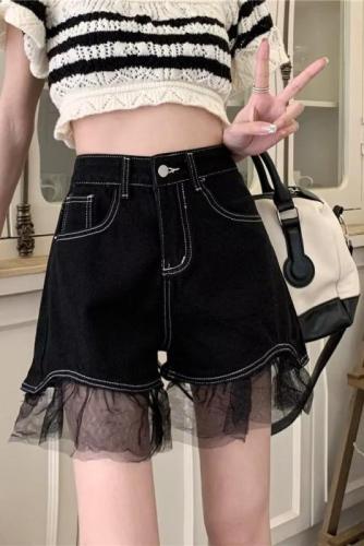Real shot of large size fat mm high-waisted wide-leg denim shorts for hot girls in summer, lace a-line slimming hot pants WF71