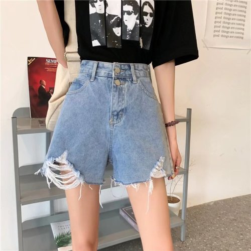 Real shot of high-waisted denim shorts for women, new thin style, large size, slim, loose, A-line wide-leg hot pants, trendy ins