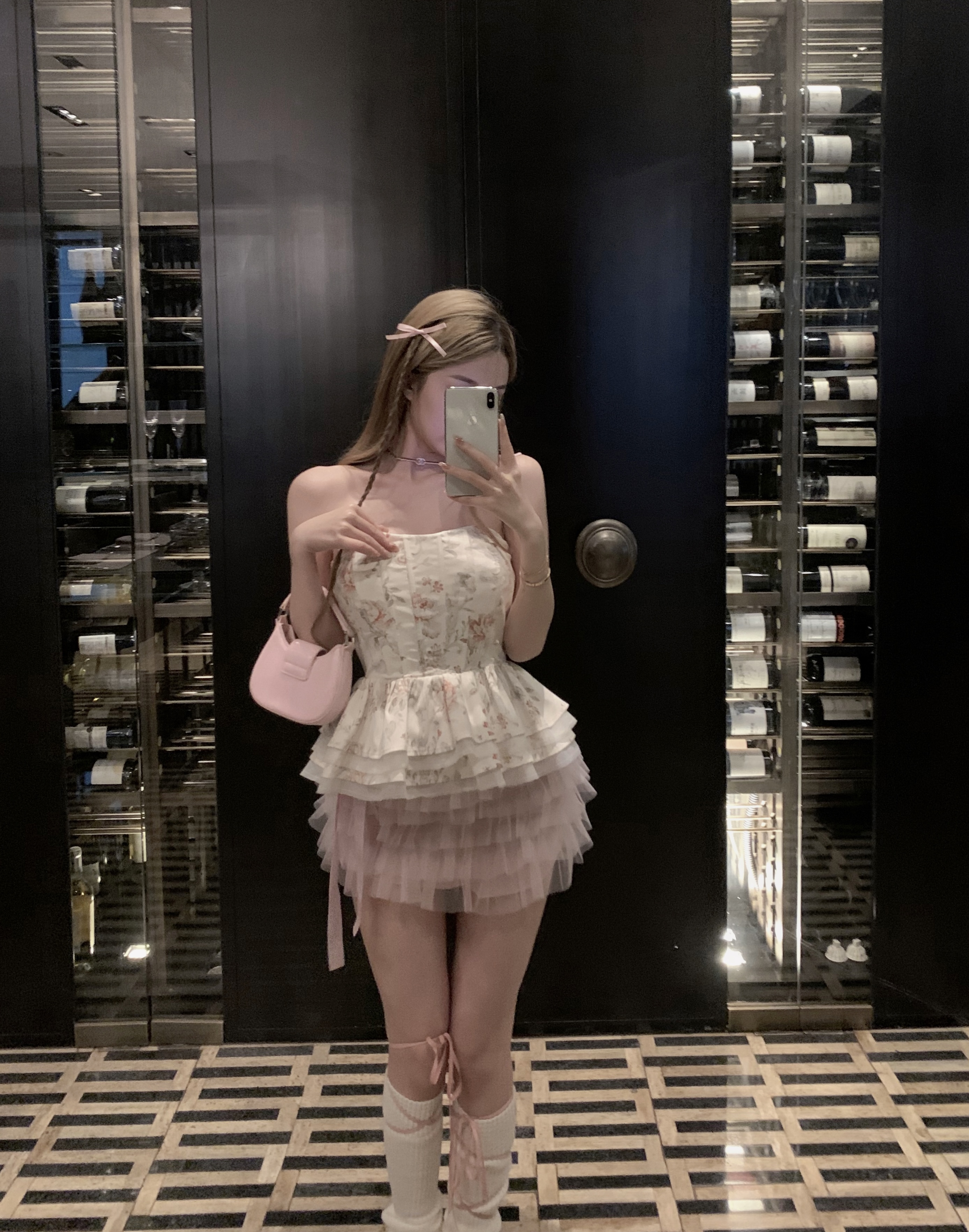 Actual shot of Pure Desire Ballet Style Printed Fishbone Ruffles Chest Wrapped + Bow Mesh Cake Skirt for Women in Summer