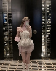Actual shot of Pure Desire Ballet Style Printed Fishbone Ruffles Chest Wrapped + Bow Mesh Cake Skirt for Women in Summer