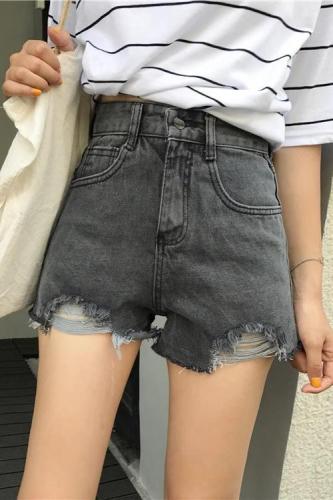 Real shot of high-waisted denim shorts for women in summer, Korean style, versatile, large size, fat mm, loose, wide-legged, ripped, a-line hot pants