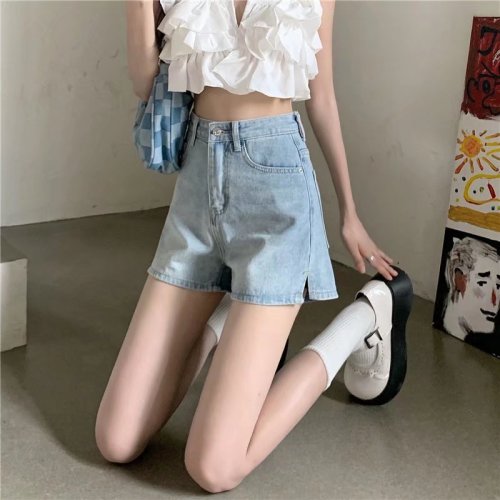 Real shot of summer thin high-waisted denim shorts for women plus size hotties with slits, loose wide legs, A-line hot pants WF06