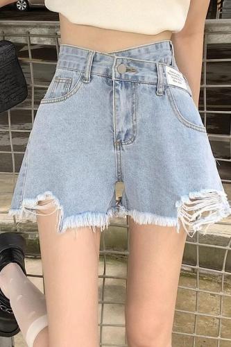 Real shot of ripped wide-leg denim shorts for women in summer, irregular slimming, large size, A-line, high waist, loose hot pants, trendy