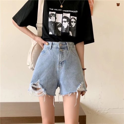 Real shot of high-waisted denim shorts for women, new thin style, large size, slim, loose, A-line wide-leg hot pants, trendy ins