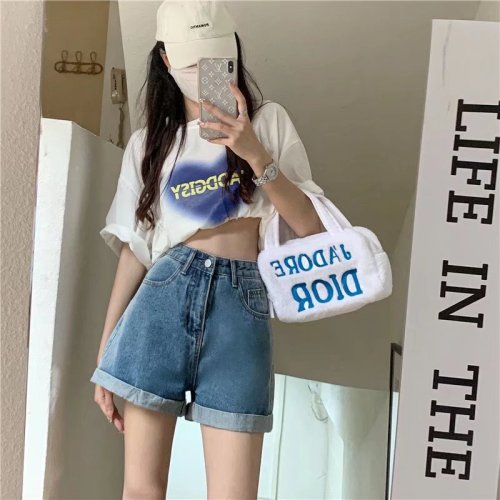 Real shot of high-waisted slimming A-line denim shorts for women summer thin 2024 new loose wide-leg women's hot pants W8971