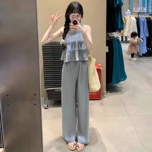 Original workmanship 2024 summer Korean style round neck sleeveless top high waist loose casual straight pants two-piece set for women