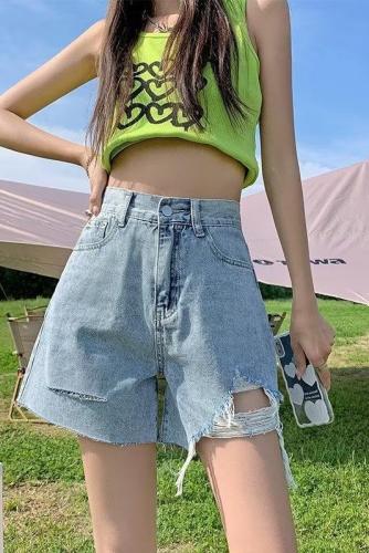 Real shot 2024 summer ripped denim shorts for women high waist loose wide legs ins large size A line hot pants trendy W8981