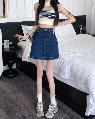 Real shot of temperament Harajuku versatile high-waisted A-line skirt literary short skirt ins new simple solid color trendy women's skirt