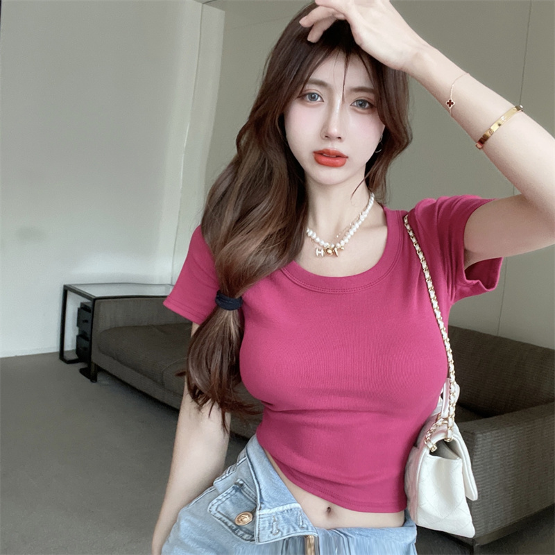 Simple and versatile round neck slimming short-sleeved T-shirt top