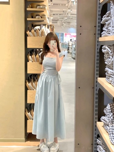 Actual shot of light blue French square neck strap minimalist high waist drawstring long dress