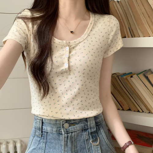 Real shot French retro floral short-sleeved T-shirt for women summer u-neck slim pure cotton right shoulder unique short top