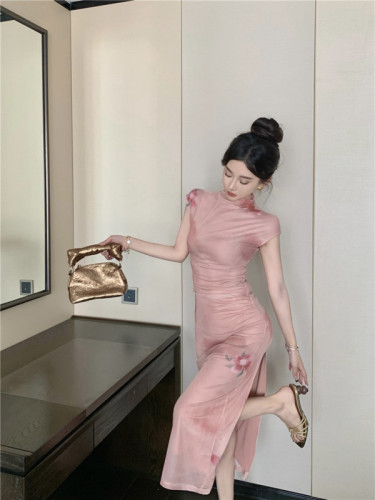 Improved cheongsam stand collar sleeveless romantic flower slim waist slit hip-covering bottoming long skirt