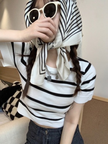 Actual shot of versatile striped short-sleeved knitted T-shirt top