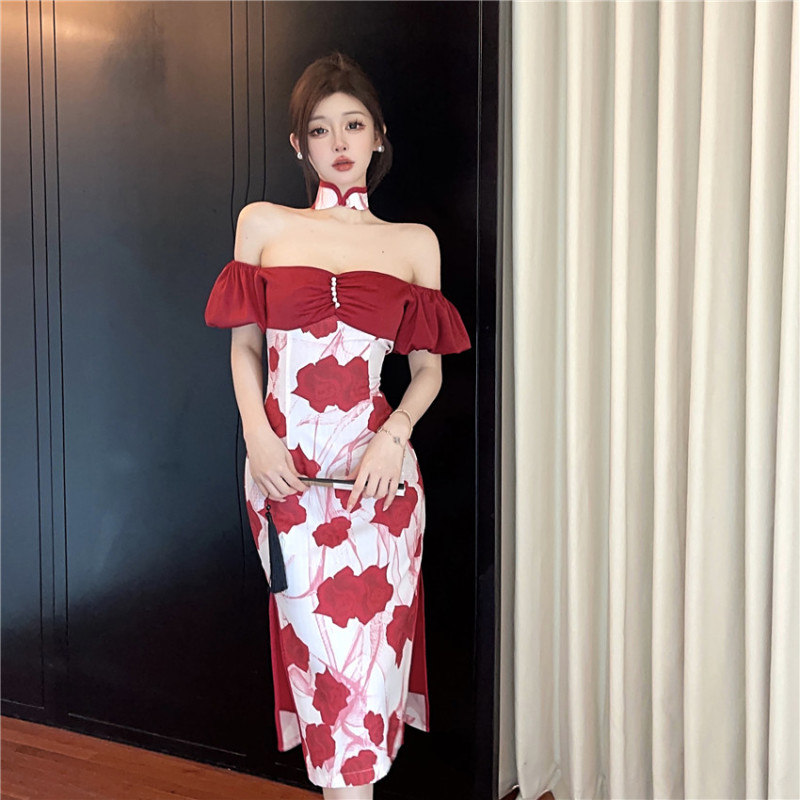 Real shot and real price halter neck French puff sleeve flower print niche holiday improved cheongsam dress