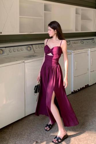 Actual shot of Qianyi Summer Plum Purple Vacation Strap Slit Dress