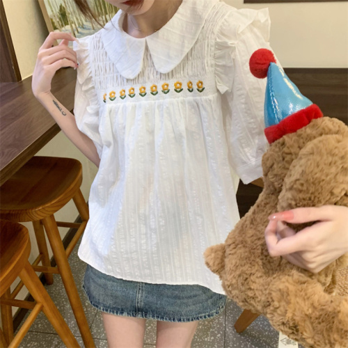 Real shot and real price Summer new design Korean style lace embroidered doll collar shirt