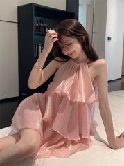 Actual shot of pink ruffled halterneck mermaid sleeveless cake skirt at real price