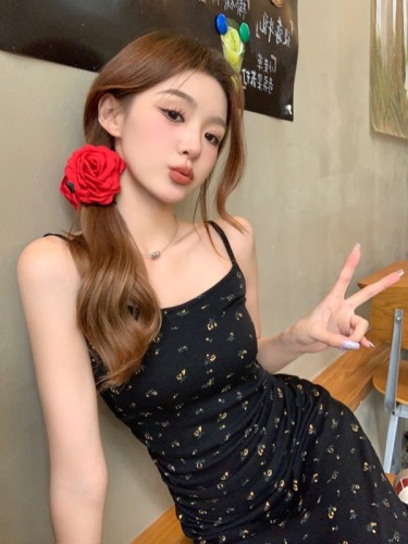 Real shot Korean style waist-cinching black floral suspender skirt for women spring long and short high-waisted slim dress