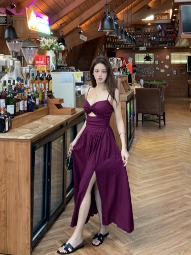 Actual shot of Qianyi Summer Plum Purple Vacation Strap Slit Dress