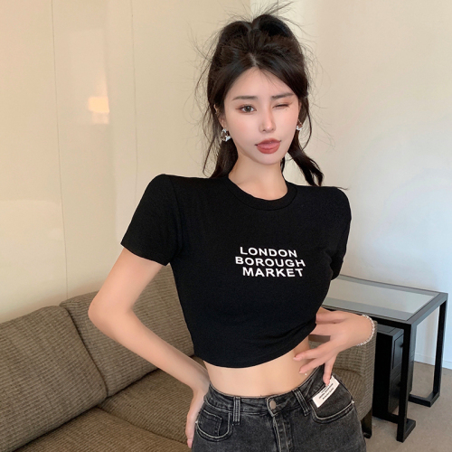 Real shot of summer ins round neck short-sleeved T-shirt for women with versatile letter print short bottoming shirt with shoulder pads and slimming top