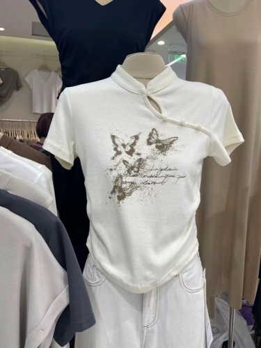 东方美学 新中式国风设计感蝴蝶印花短袖T恤正肩显瘦甜辣短款上衣