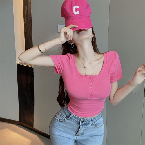 Actual shot of pure lust sweet and spicy style tight-fitting dragon fruit color short-sleeved T-shirt at real price