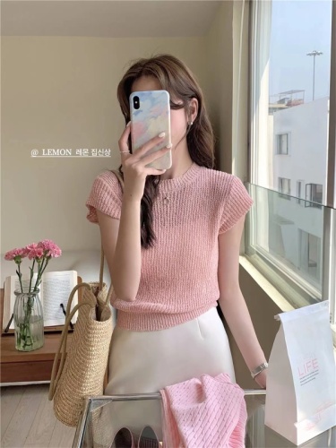 Multi-color series-Korean style small flying sleeves round neck short-sleeved sweater short slim fit versatile top for women