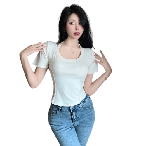 Real shot of pure desire clavicle T-shirt women's short-sleeved summer thin style slim high-waisted hot girl halter neck short ins top