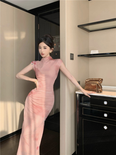 Improved cheongsam stand collar sleeveless romantic flower slim waist slit hip-covering bottoming long skirt