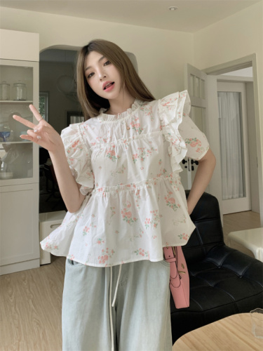Real shot and real price Summer new Korean style flying sleeve fashionable lotus leaf collar small fresh shirt for women